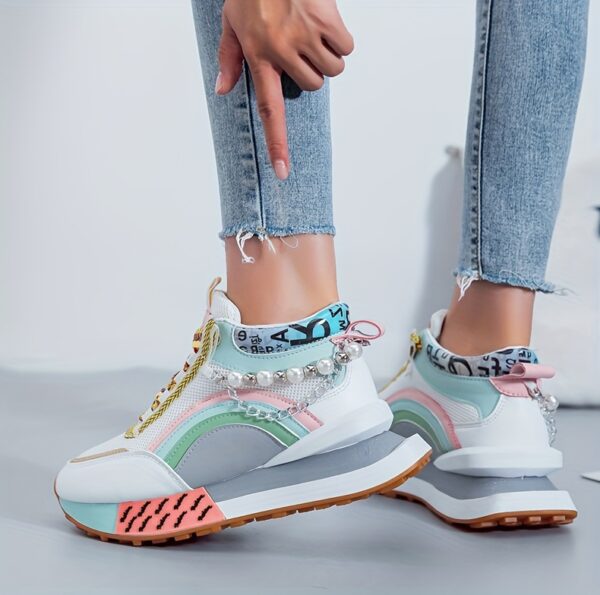 Sparkling Bead Chain Mid-Top Sneakers – Women's Fashion Lace-Up Casual Shoes, Breathable Mesh for All Seasons - Image 23