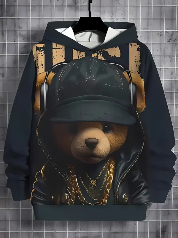 Here’s the title in English:  "Black Long Sweatshirt with Teddy Bear Design, Hood, and Headphones, Stylish and Comfortable for All Seasons