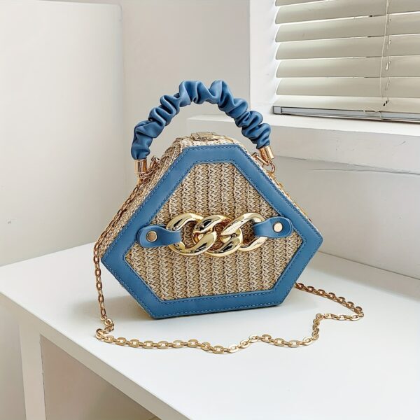 Fashion Niche Shaped Satchel Bag – Chain Decor Straw Design, Mini Top Ruched Strap Handbag - Image 5