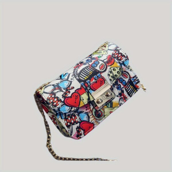 Elegant Heart Graffiti Crossbody Bag – Buckle Closure & Chain Strap for Women - Image 3