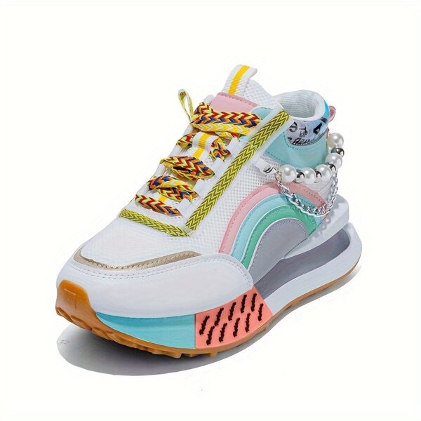 Sparkling Bead Chain Mid-Top Sneakers – Women's Fashion Lace-Up Casual Shoes, Breathable Mesh for All Seasons - Image 6