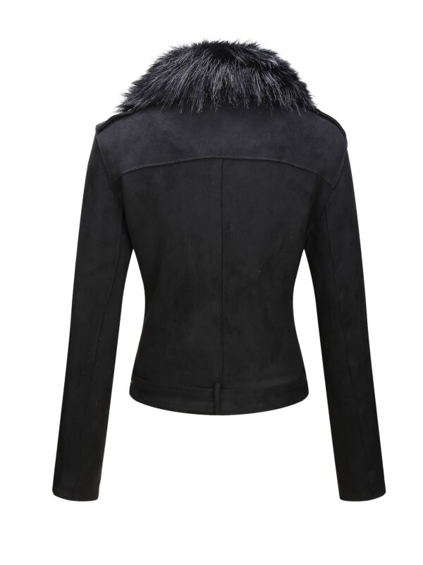 Faux Fur Trim Zip-Up Jacket for Women, Casual Solid Long Sleeve Biker Jacket with Belt – Perfect for Fall & Winter Fashion - Image 2