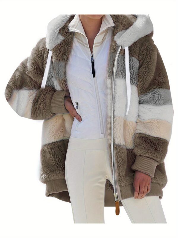 [Plush Jacket] Women's Chic Hooded Coat - Purple & White Color Block, Long Sleeve, Zip-Up Plush Jacket with Pockets – Casual Loose Fit for Fall/Winter Streetwear - Image 7