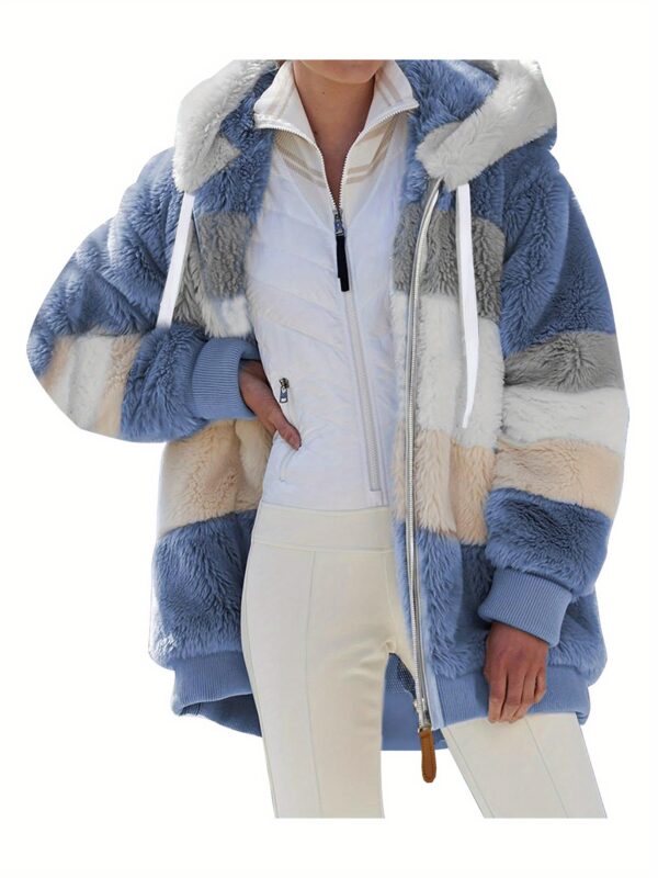 [Plush Jacket] Women's Chic Hooded Coat - Purple & White Color Block, Long Sleeve, Zip-Up Plush Jacket with Pockets – Casual Loose Fit for Fall/Winter Streetwear - Image 6