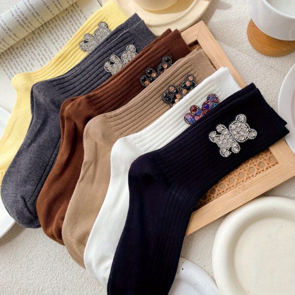6 Pairs Rhinestone Ins Design Fashionable Mid Tube Socks with Personality and Versatility for All Seasons - Image 2