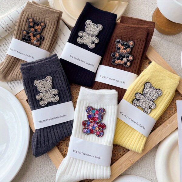6 Pairs Rhinestone Ins Design Fashionable Mid Tube Socks with Personality and Versatility for All Seasons - Image 3