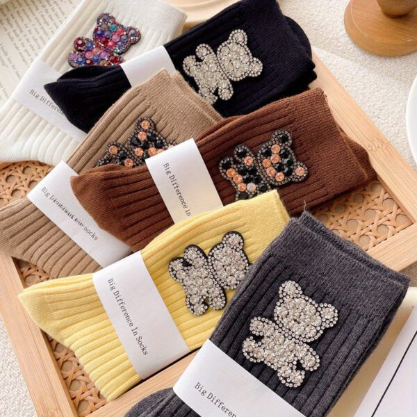 6 Pairs Rhinestone Ins Design Fashionable Mid Tube Socks with Personality and Versatility for All Seasons - Image 4