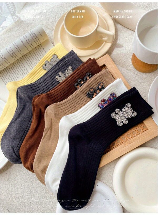 6 Pairs Rhinestone Ins Design Fashionable Mid Tube Socks with Personality and Versatility for All Seasons - Image 6