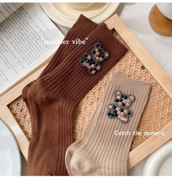 6 Pairs Rhinestone Ins Design Fashionable Mid Tube Socks with Personality and Versatility for All Seasons - Image 8