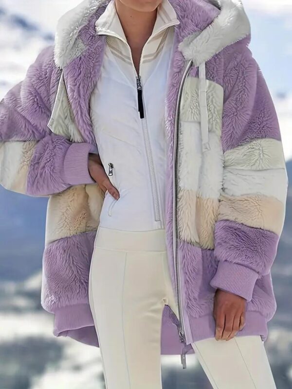 [Plush Jacket] Women's Chic Hooded Coat - Purple & White Color Block, Long Sleeve, Zip-Up Plush Jacket with Pockets – Casual Loose Fit for Fall/Winter Streetwear - Image 2
