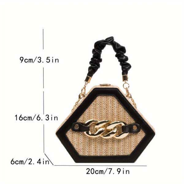 Fashion Niche Shaped Satchel Bag – Chain Decor Straw Design, Mini Top Ruched Strap Handbag - Image 3