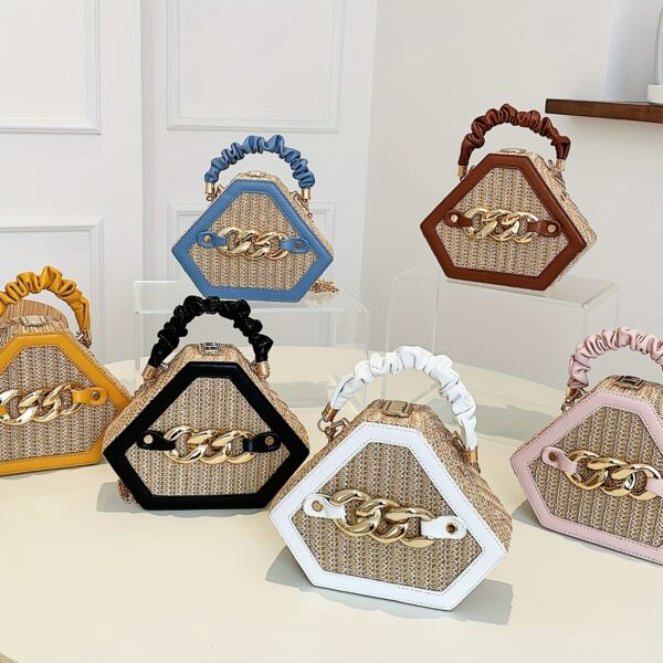 Fashion Niche Shaped Satchel Bag – Chain Decor Straw Design, Mini Top Ruched Strap Handbag - Image 10