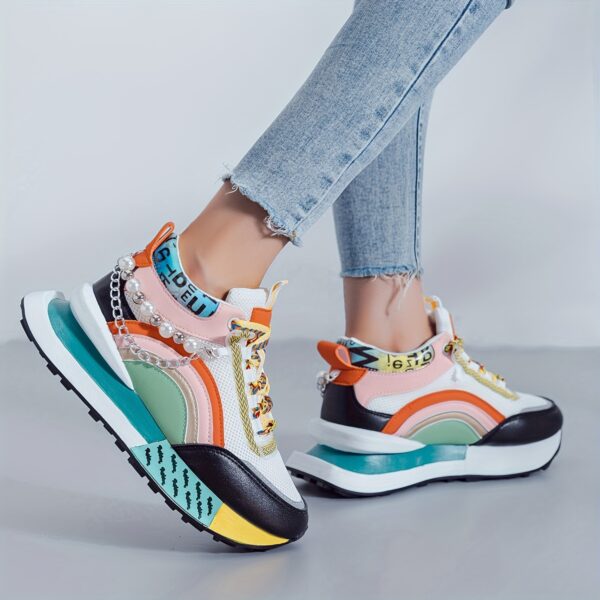 Sparkling Bead Chain Mid-Top Sneakers – Women's Fashion Lace-Up Casual Shoes, Breathable Mesh for All Seasons - Image 9