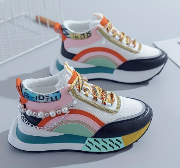 Sparkling Bead Chain Mid-Top Sneakers – Women's Fashion Lace-Up Casual Shoes, Breathable Mesh for All Seasons - Image 18