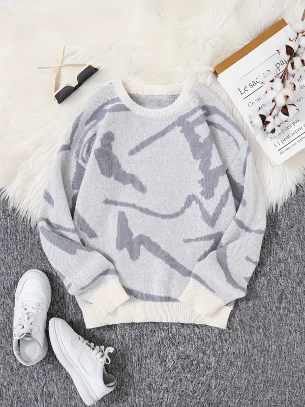 Versatile Geometric-Patterned Crew Neck Sweater for Men and Women – Soft Polyester Knit Pullover with Flared Hem, Long Sleeve, Comfortable Fit for Spring, Fall & Winter - Image 4