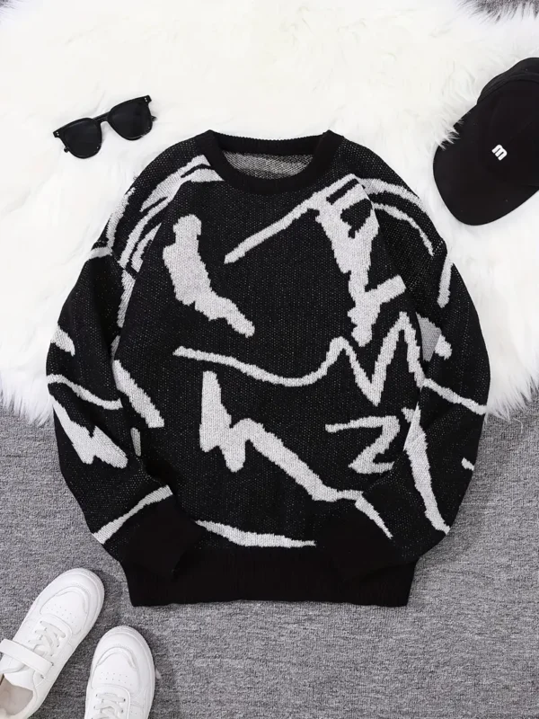 Versatile Geometric-Patterned Crew Neck Sweater for Men and Women – Soft Polyester Knit Pullover with Flared Hem, Long Sleeve, Comfortable Fit for Spring, Fall & Winter - Image 3