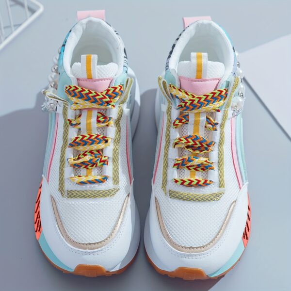 Sparkling Bead Chain Mid-Top Sneakers – Women's Fashion Lace-Up Casual Shoes, Breathable Mesh for All Seasons - Image 8