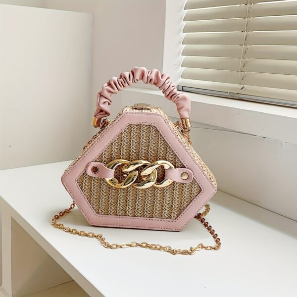 Fashion Niche Shaped Satchel Bag – Chain Decor Straw Design, Mini Top Ruched Strap Handbag - Image 7