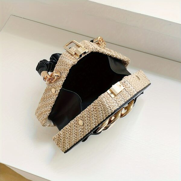 Fashion Niche Shaped Satchel Bag – Chain Decor Straw Design, Mini Top Ruched Strap Handbag - Image 4