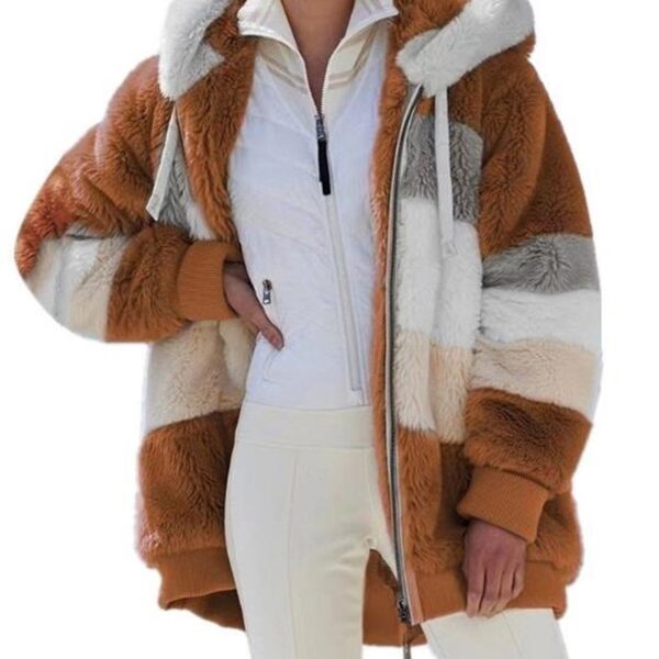 [Plush Jacket] Women's Chic Hooded Coat - Purple & White Color Block, Long Sleeve, Zip-Up Plush Jacket with Pockets – Casual Loose Fit for Fall/Winter Streetwear - Image 12