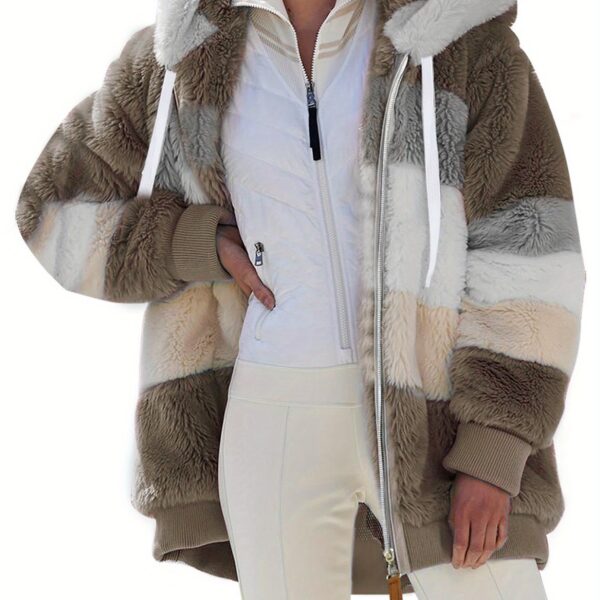 [Plush Jacket] Women's Chic Hooded Coat - Purple & White Color Block, Long Sleeve, Zip-Up Plush Jacket with Pockets – Casual Loose Fit for Fall/Winter Streetwear - Image 14