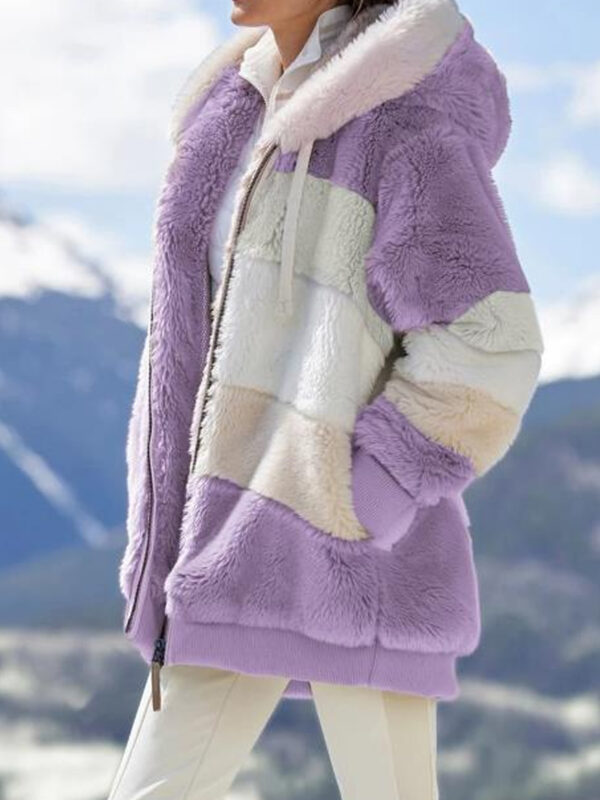 [Plush Jacket] Women's Chic Hooded Coat - Purple & White Color Block, Long Sleeve, Zip-Up Plush Jacket with Pockets – Casual Loose Fit for Fall/Winter Streetwear - Image 8