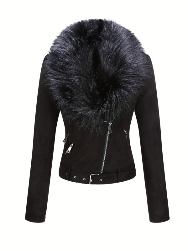 Faux Fur Trim Zip-Up Jacket for Women, Casual Solid Long Sleeve Biker Jacket with Belt – Perfect for Fall & Winter Fashion