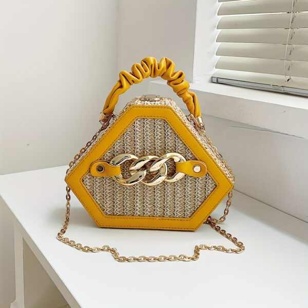Fashion Niche Shaped Satchel Bag – Chain Decor Straw Design, Mini Top Ruched Strap Handbag - Image 9