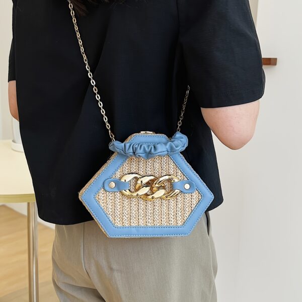 Fashion Niche Shaped Satchel Bag – Chain Decor Straw Design, Mini Top Ruched Strap Handbag - Image 11