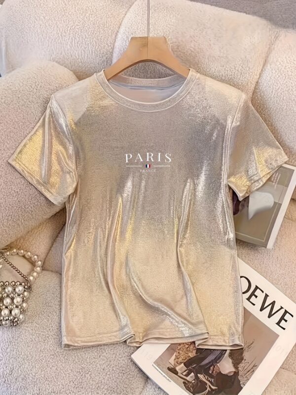 Women’s Champagne Paris Graphic T-Shirt – Casual Round Neck, Sparkle Princess Design, Machine Washable, Perfect for Spring/Summer/Fall - Image 2
