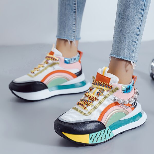Sparkling Bead Chain Mid-Top Sneakers – Women's Fashion Lace-Up Casual Shoes, Breathable Mesh for All Seasons - Image 10