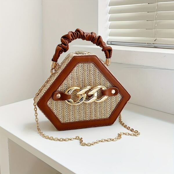 Fashion Niche Shaped Satchel Bag – Chain Decor Straw Design, Mini Top Ruched Strap Handbag - Image 8