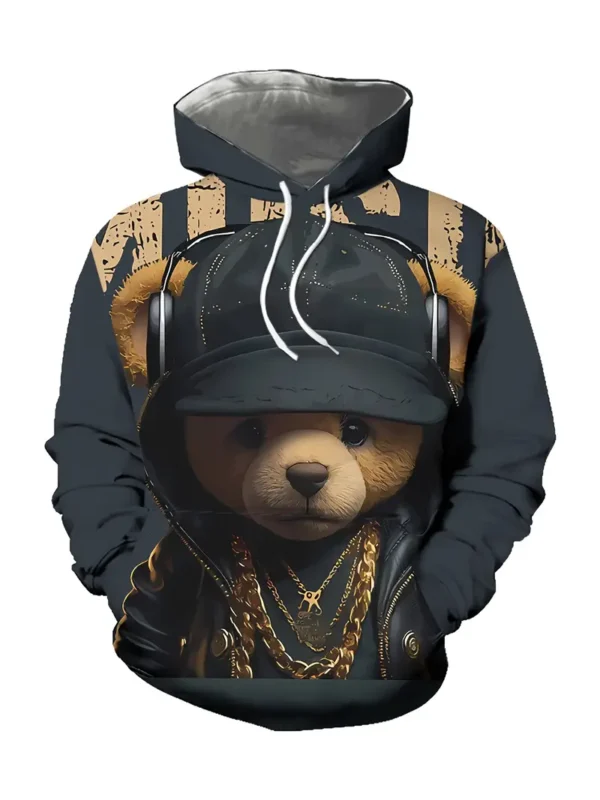 Here’s the title in English:  "Black Long Sweatshirt with Teddy Bear Design, Hood, and Headphones, Stylish and Comfortable for All Seasons - Image 2