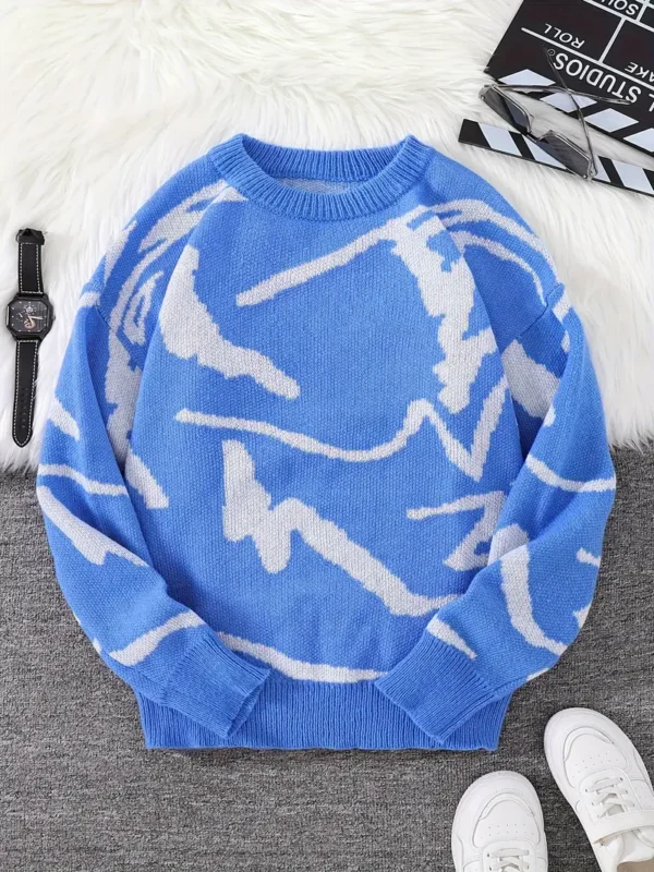 Versatile Geometric-Patterned Crew Neck Sweater for Men and Women – Soft Polyester Knit Pullover with Flared Hem, Long Sleeve, Comfortable Fit for Spring, Fall & Winter