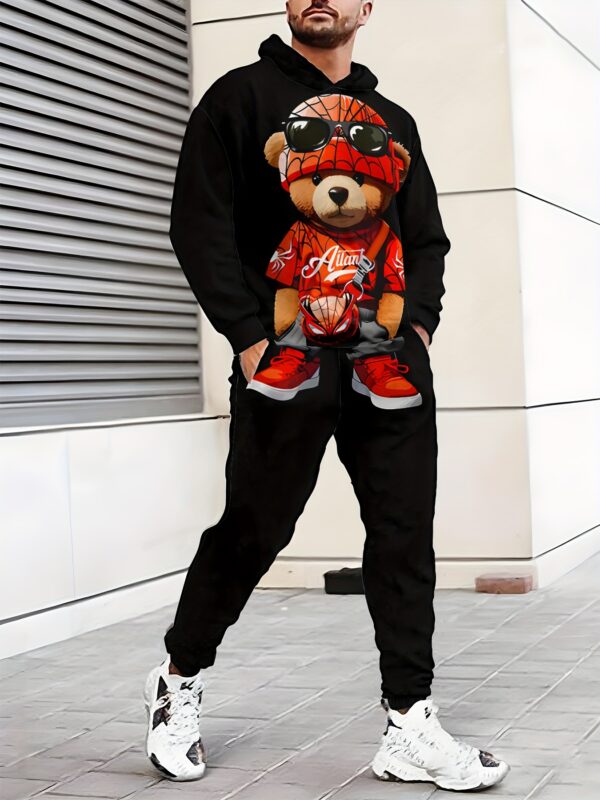 Lightweight Men's Sportswear Set - Bear Print Hoodie & Joggers, Comfortable & Machine Washable