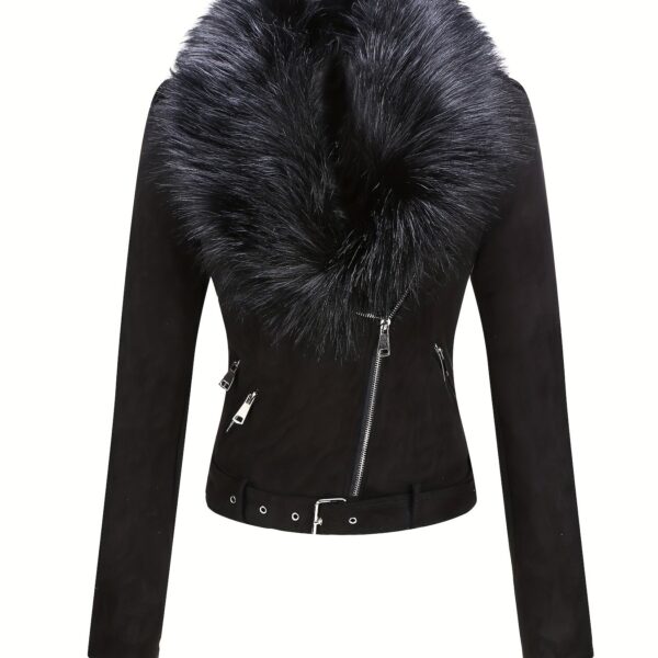 Faux Fur Trim Zip-Up Jacket for Women, Casual Solid Long Sleeve Biker Jacket with Belt – Perfect for Fall & Winter Fashion - Image 6