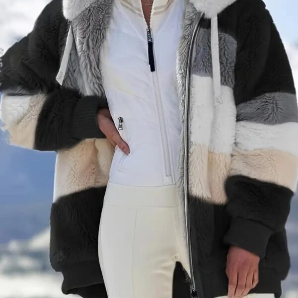 [Plush Jacket] Women's Chic Hooded Coat - Purple & White Color Block, Long Sleeve, Zip-Up Plush Jacket with Pockets – Casual Loose Fit for Fall/Winter Streetwear - Image 13
