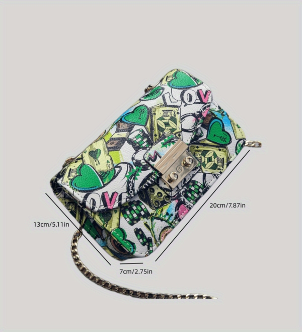 Elegant Heart Graffiti Crossbody Bag – Buckle Closure & Chain Strap for Women - Image 10