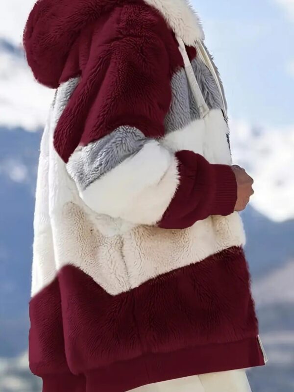 [Plush Jacket] Women's Chic Hooded Coat - Purple & White Color Block, Long Sleeve, Zip-Up Plush Jacket with Pockets – Casual Loose Fit for Fall/Winter Streetwear - Image 9