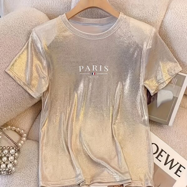 Women’s Champagne Paris Graphic T-Shirt – Casual Round Neck, Sparkle Princess Design, Machine Washable, Perfect for Spring/Summer/Fall