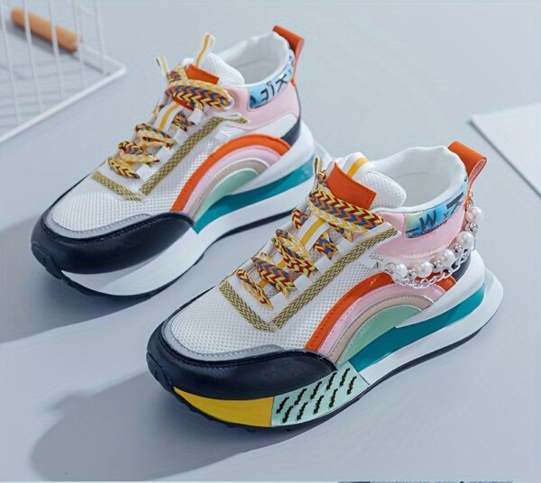 Sparkling Bead Chain Mid-Top Sneakers – Women's Fashion Lace-Up Casual Shoes, Breathable Mesh for All Seasons - Image 19