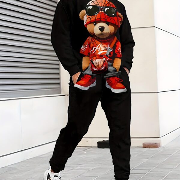 Lightweight Men's Sportswear Set - Bear Print Hoodie & Joggers, Comfortable & Machine Washable - Image 6