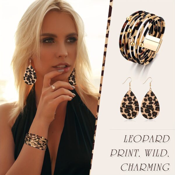 4 Pcs Leopard Print Jewelry Set – Alloy Earrings, Bracelet, Necklace with Tassel Pendant, Stylish Accessories for Daily Wear - Image 3