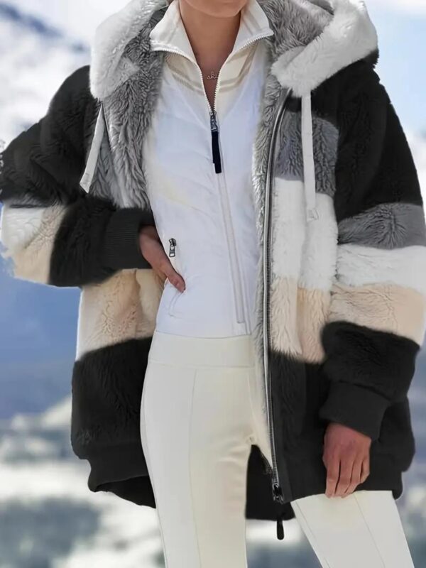 [Plush Jacket] Women's Chic Hooded Coat - Purple & White Color Block, Long Sleeve, Zip-Up Plush Jacket with Pockets – Casual Loose Fit for Fall/Winter Streetwear - Image 5