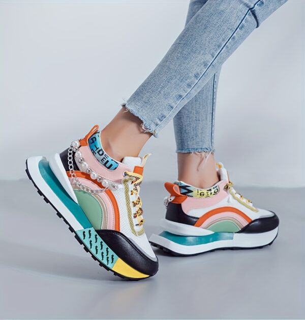 Sparkling Bead Chain Mid-Top Sneakers – Women's Fashion Lace-Up Casual Shoes, Breathable Mesh for All Seasons - Image 20