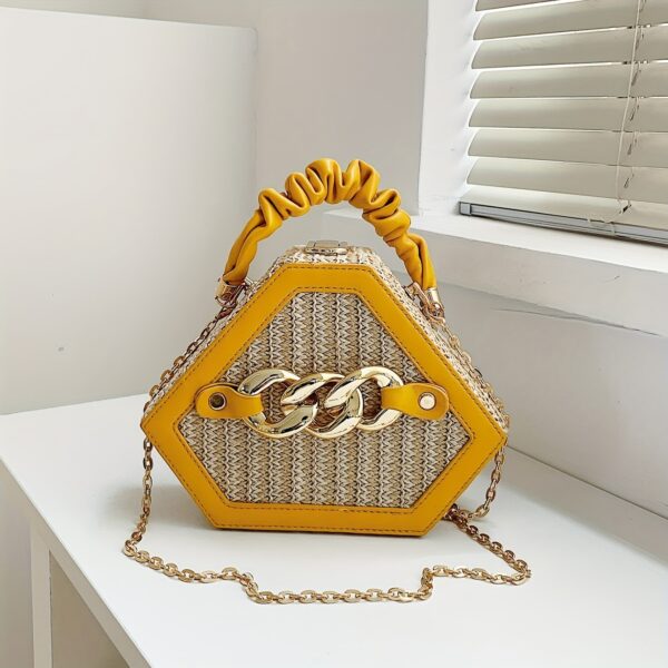Fashion Niche Shaped Satchel Bag – Chain Decor Straw Design, Mini Top Ruched Strap Handbag - Image 2