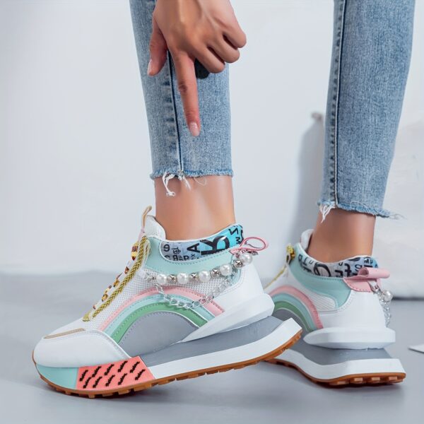 Sparkling Bead Chain Mid-Top Sneakers – Women's Fashion Lace-Up Casual Shoes, Breathable Mesh for All Seasons - Image 4