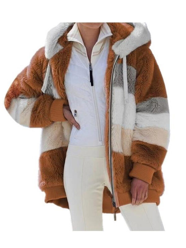 [Plush Jacket] Women's Chic Hooded Coat - Purple & White Color Block, Long Sleeve, Zip-Up Plush Jacket with Pockets – Casual Loose Fit for Fall/Winter Streetwear - Image 4