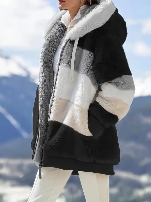 [Plush Jacket] Women's Chic Hooded Coat - Purple & White Color Block, Long Sleeve, Zip-Up Plush Jacket with Pockets – Casual Loose Fit for Fall/Winter Streetwear - Image 11