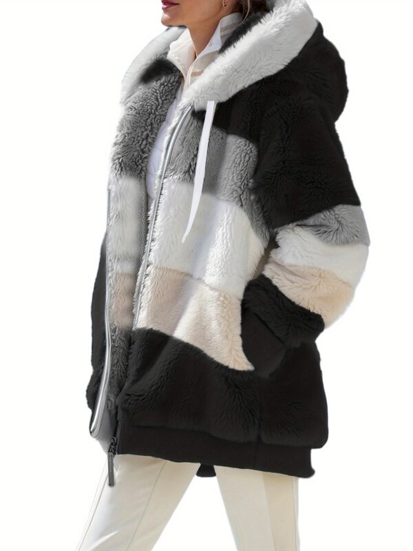 [Plush Jacket] Women's Chic Hooded Coat - Purple & White Color Block, Long Sleeve, Zip-Up Plush Jacket with Pockets – Casual Loose Fit for Fall/Winter Streetwear